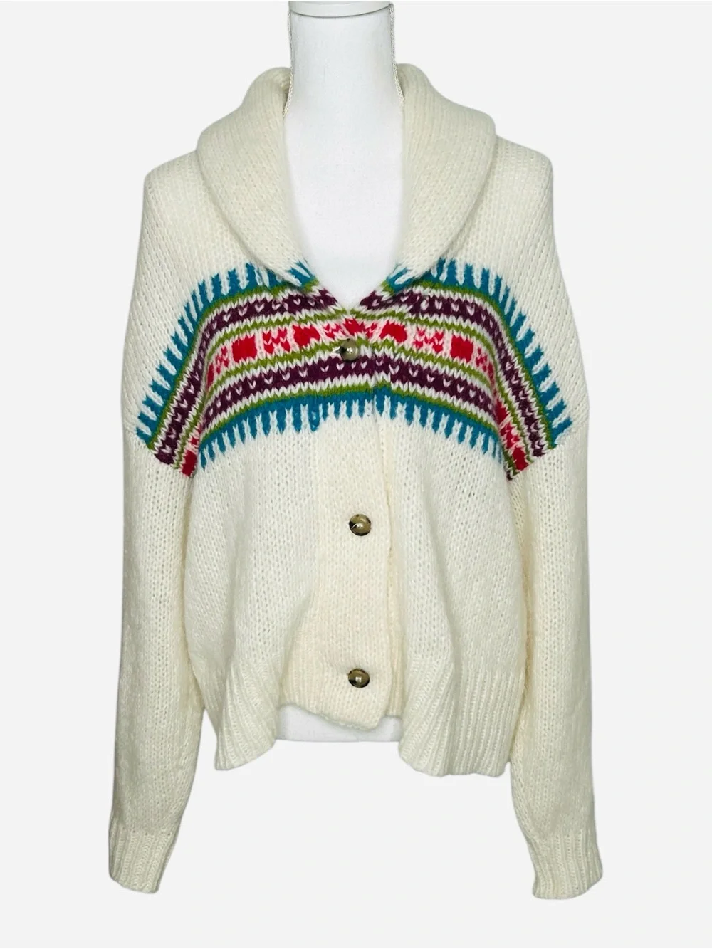 XIRENA Waylon Shawl Collar Fair Isle Alpaca Cardigan Ivory Small - Picture 2 of 12